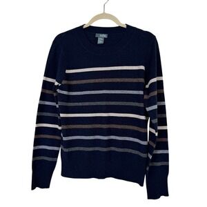 Griffen Womens Wool Cashmere Crew Neck Sweater Striped Navy Blue Preppy Size‎ L
